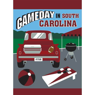 13x18 garnet game day garden flag with double applique layered design displayed on a porch pole showing bold color and textured team-style graphics.