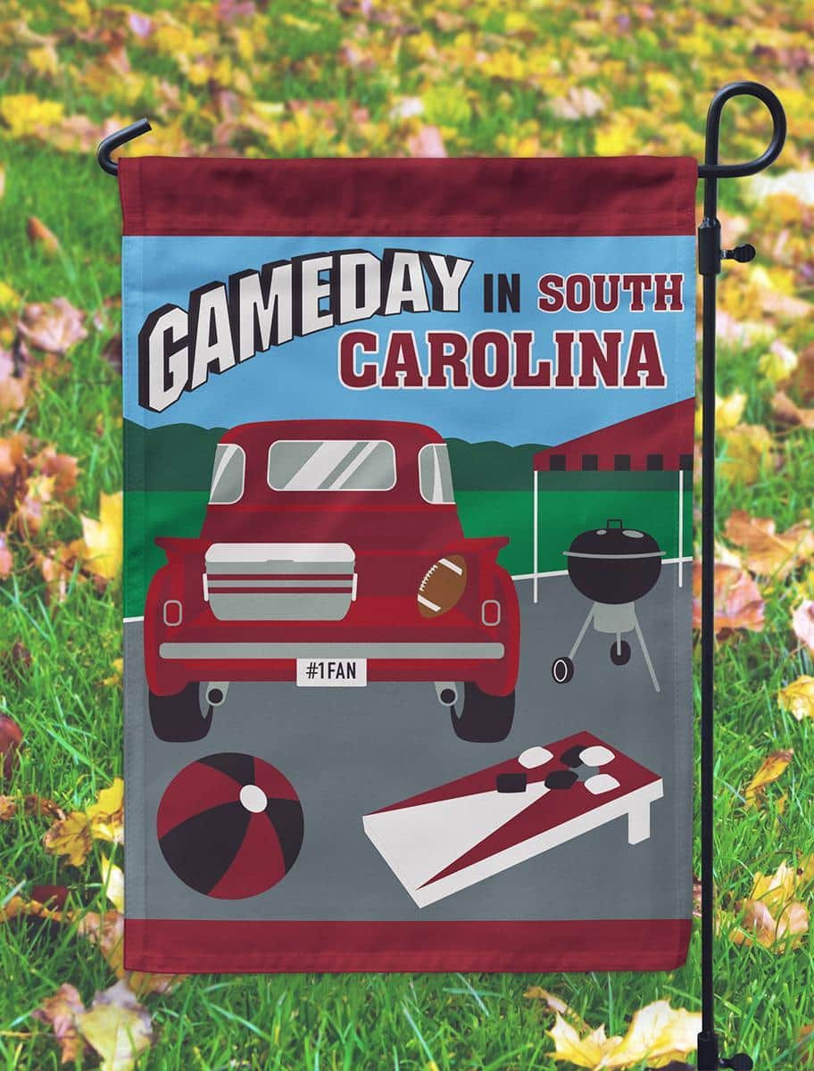 13x18 garnet game day garden flag with double applique layered design displayed on a porch pole showing bold color and textured team-style graphics.