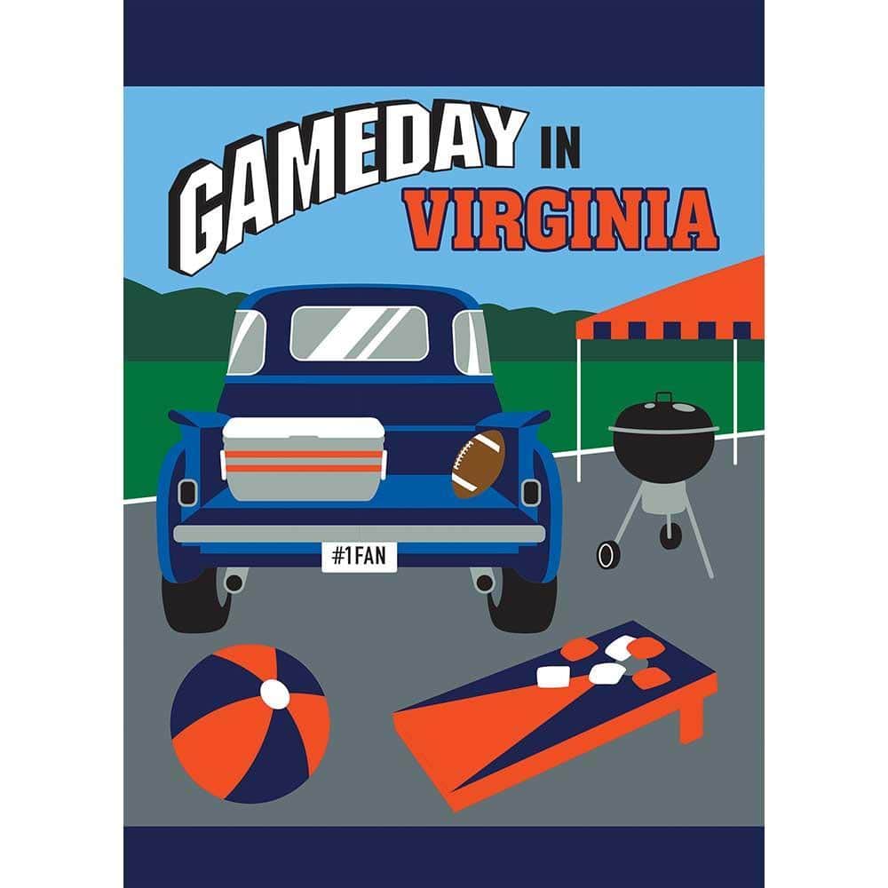 13x18 double applique garden flag in navy and orange with stitched team emblem displayed on lawn near a porch and garden stake.