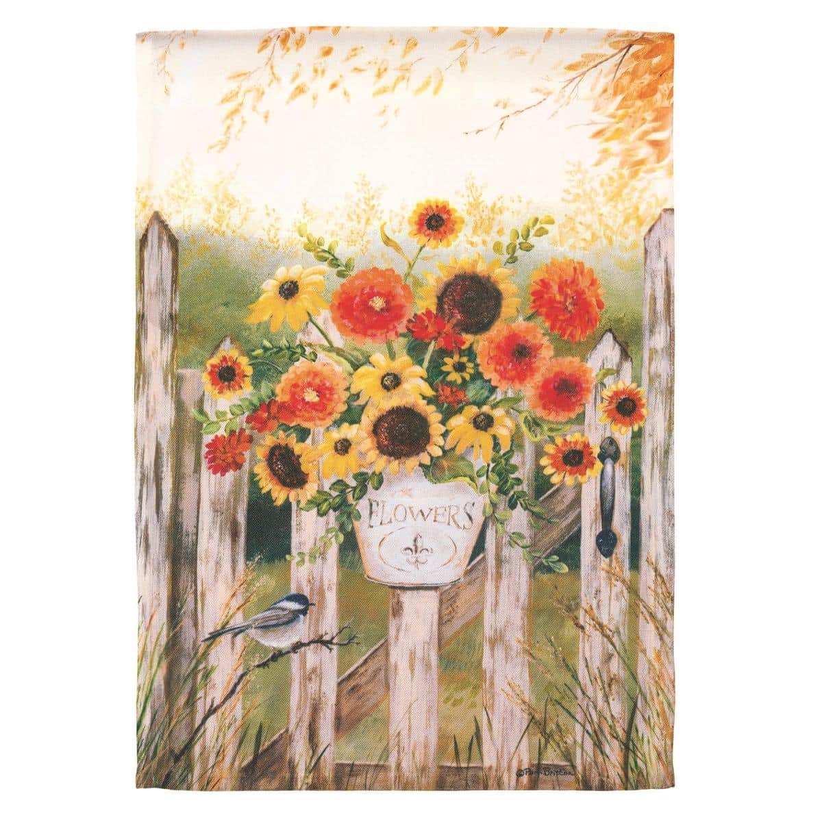 Close-up of 30x44 printed gate banner flag with colorful floral pattern displayed on a metal garden gate, showing bright blooms and fabric texture for outdoor decoration.