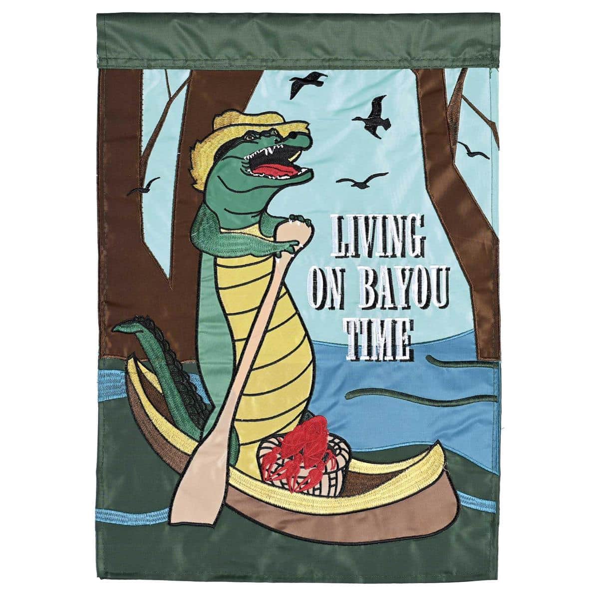 Alligator lounging in a cypress bayou with Living On Bayou Time text on a 29x42 double applique house flag, rich green and blue tones, top pole sleeve shown.