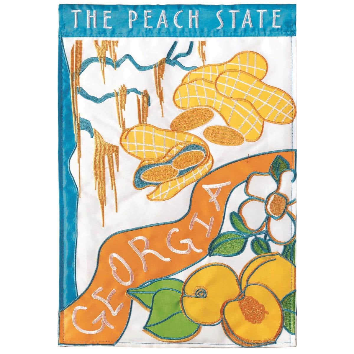 Georgia Peach State 13x18 double applique garden flag with peaches and state silhouette, two sided outdoor yard decor.