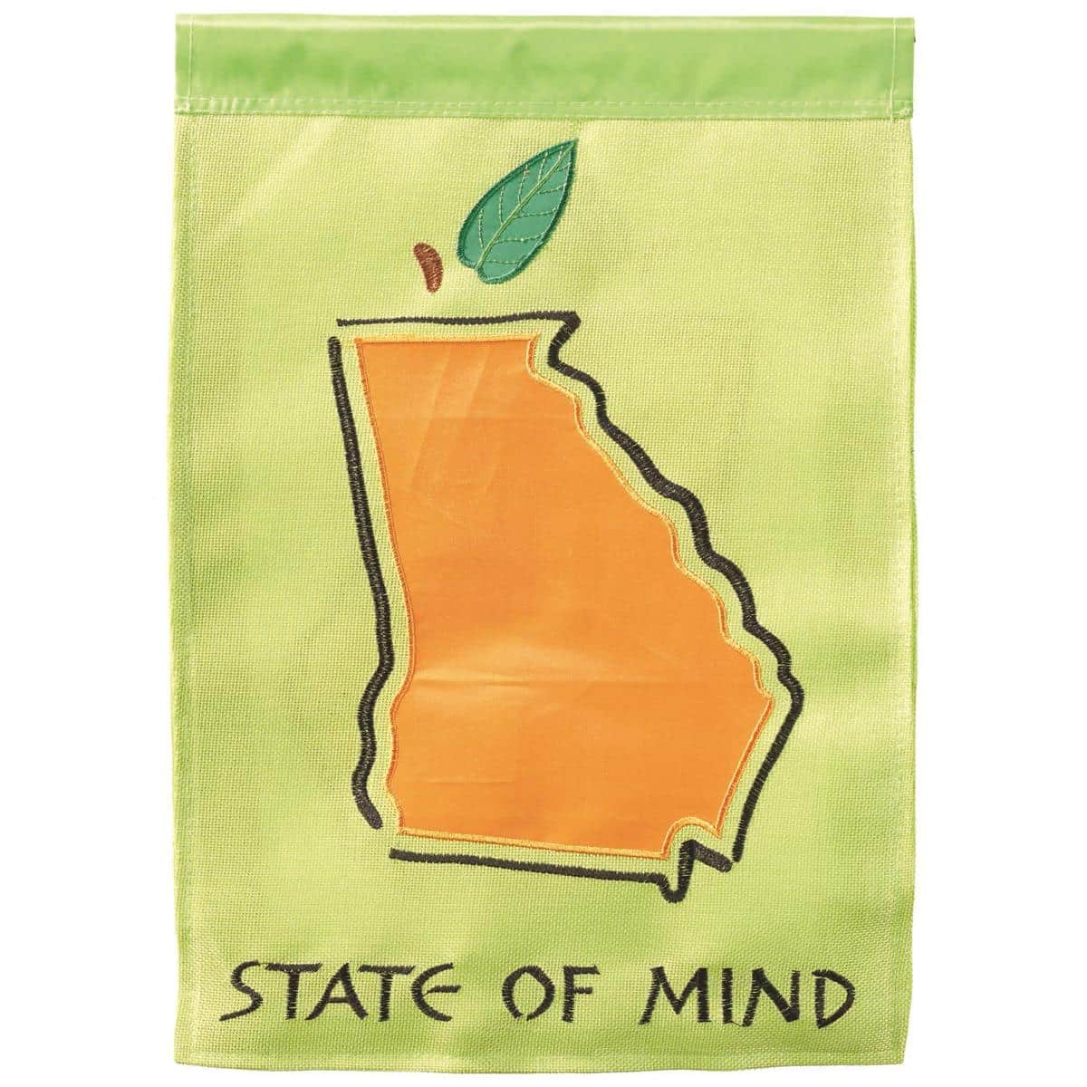 13x18 Georgia State Of Mind garden flag double applique showing Georgia outline, peach emblem and cardinal accents on a navy background for outdoor display.