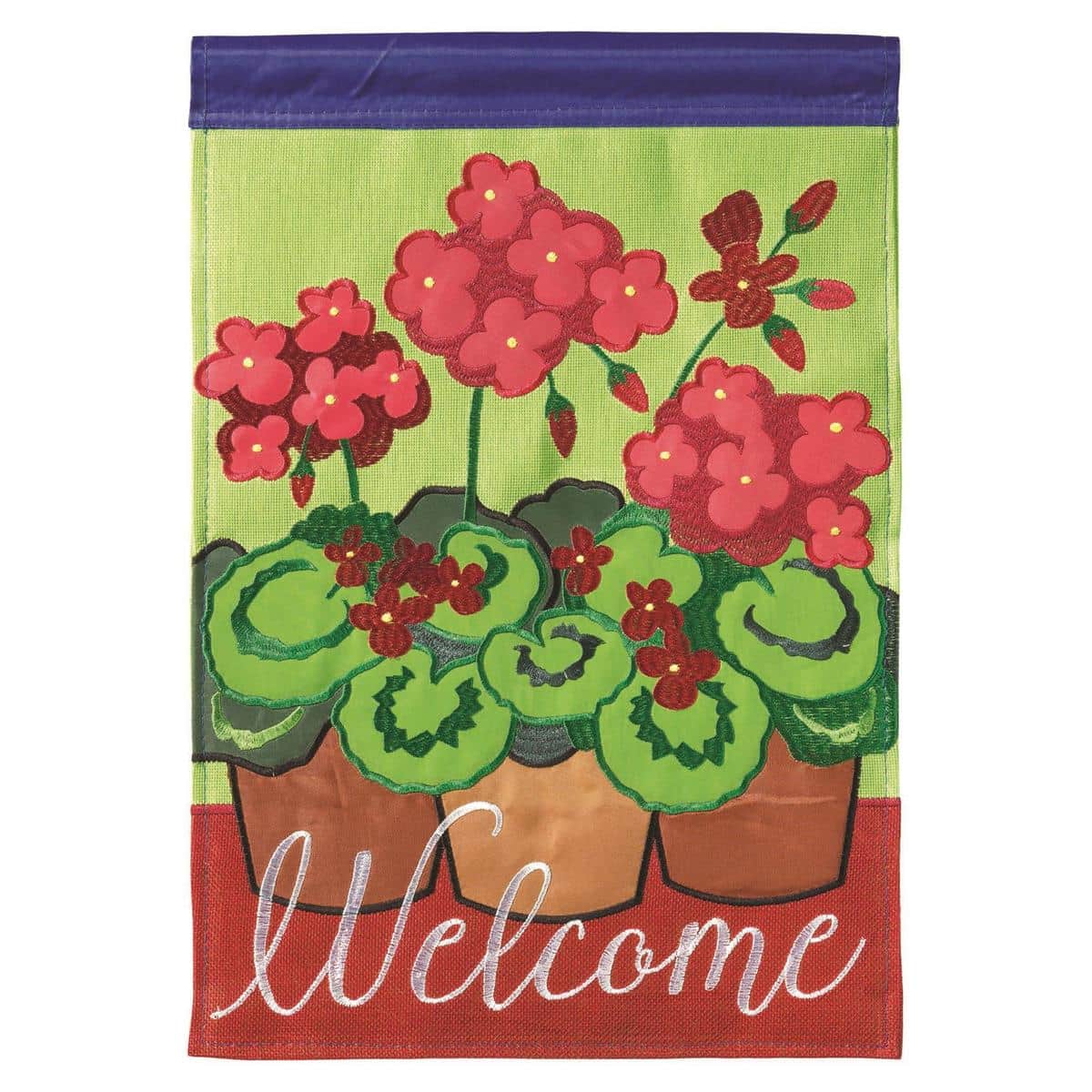 13x18 burlap garden flag with vivid red geraniums in pots, double applique, two-sided design, rustic texture, for porch, yard, walkway, and garden stand.
