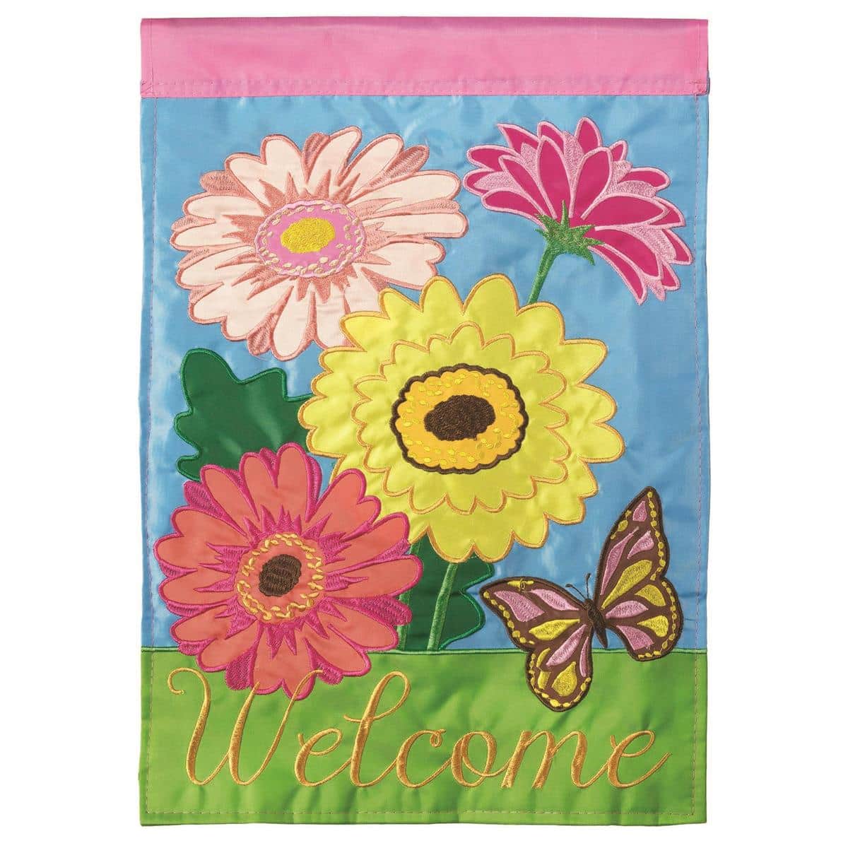 13x18 Gerber Daisy Welcome Garden Flag double applique vibrant daisy motif on durable outdoor fabric for porch or garden display.