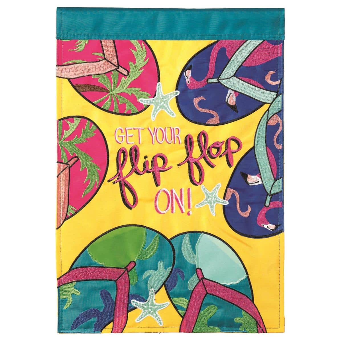 13x18 double applique garden flag with colorful flip-flops and the phrase Get Your Flop On, beach-themed art, front yard display on a standard outdoor flag stand