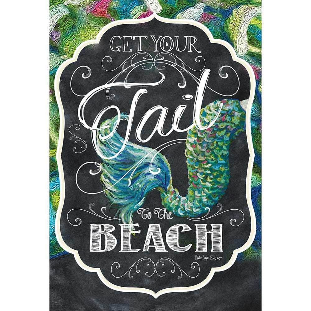30x44 Get Your Tail To The Banner printed beach banner flag displayed on a porch with bright tropical fish tail artwork and bold playful text.