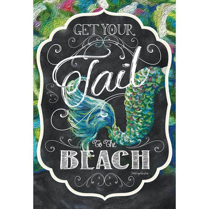 30x44 Get Your Tail To The Banner printed beach banner flag displayed on a porch with bright tropical fish tail artwork and bold playful text.