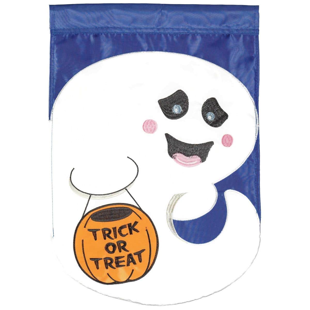 Main image of Ghost Trick Or Treat Garden Flag 13x18 double applique showing a smiling ghost holding a candy bucket, moonlit background, Trick or Treat text, and layered fabric detail designed for Halloween yard decor