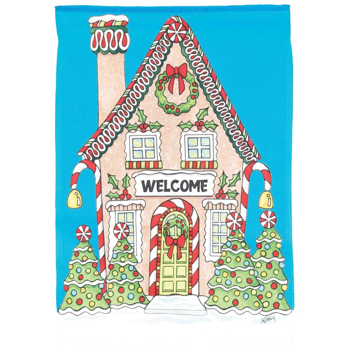 13x18 Gingerbread House Welcome garden flag with candy accents and Christmas tree details, printed on weather-ready polyester with top sleeve for standard stands