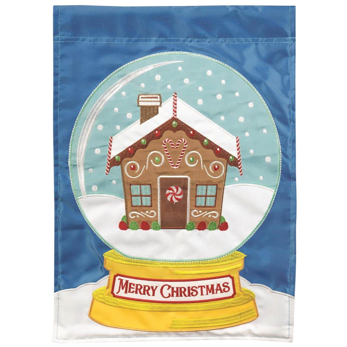 Festive gingerbread snowglobe garden flag with layered applique, stitched candy accents and bright seasonal colors on a 13x18 outdoor fabric panel.