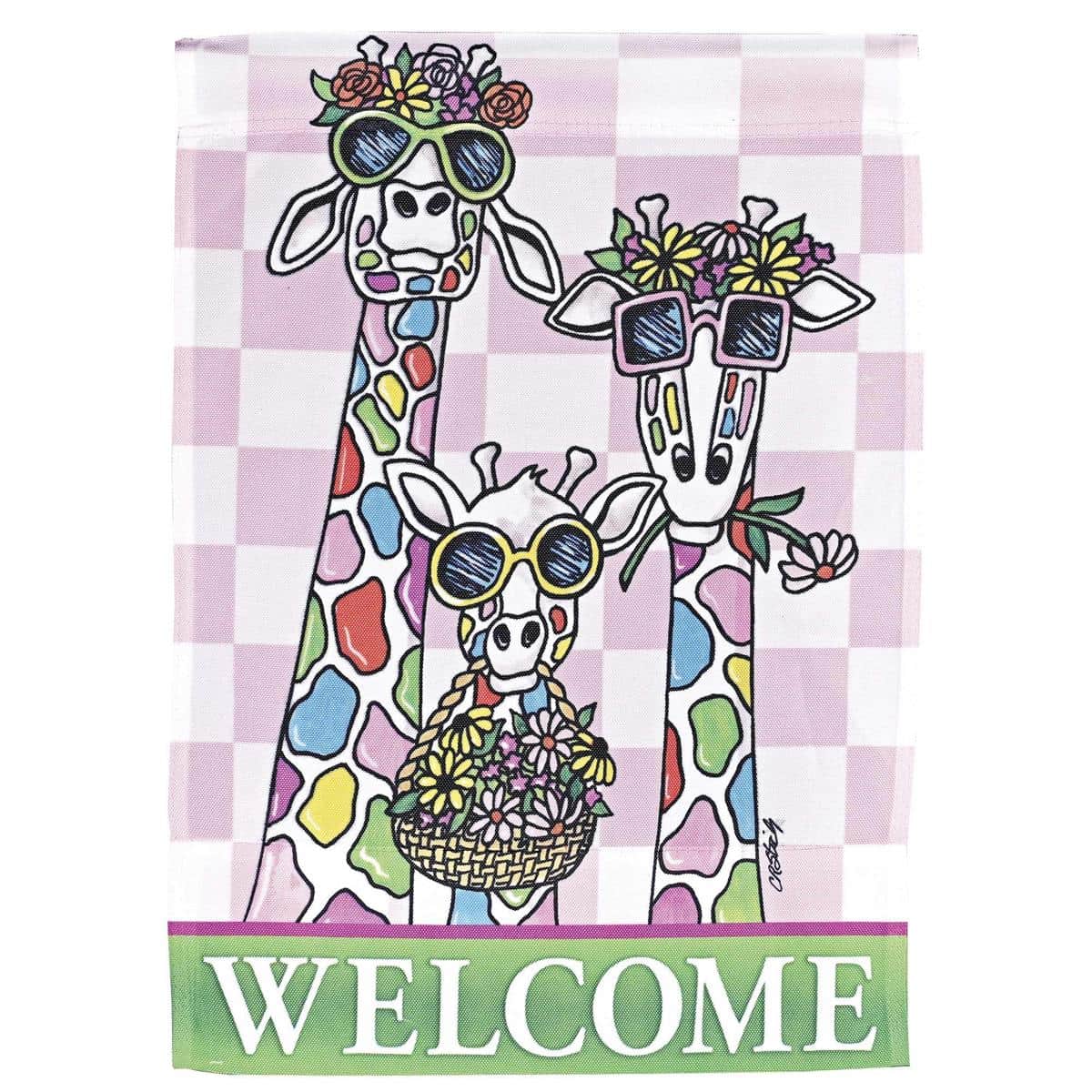 13x18 printed garden flag showing two giraffes among floral patterns with a bold Welcome message, designed for porch, patio, and small garden displays.