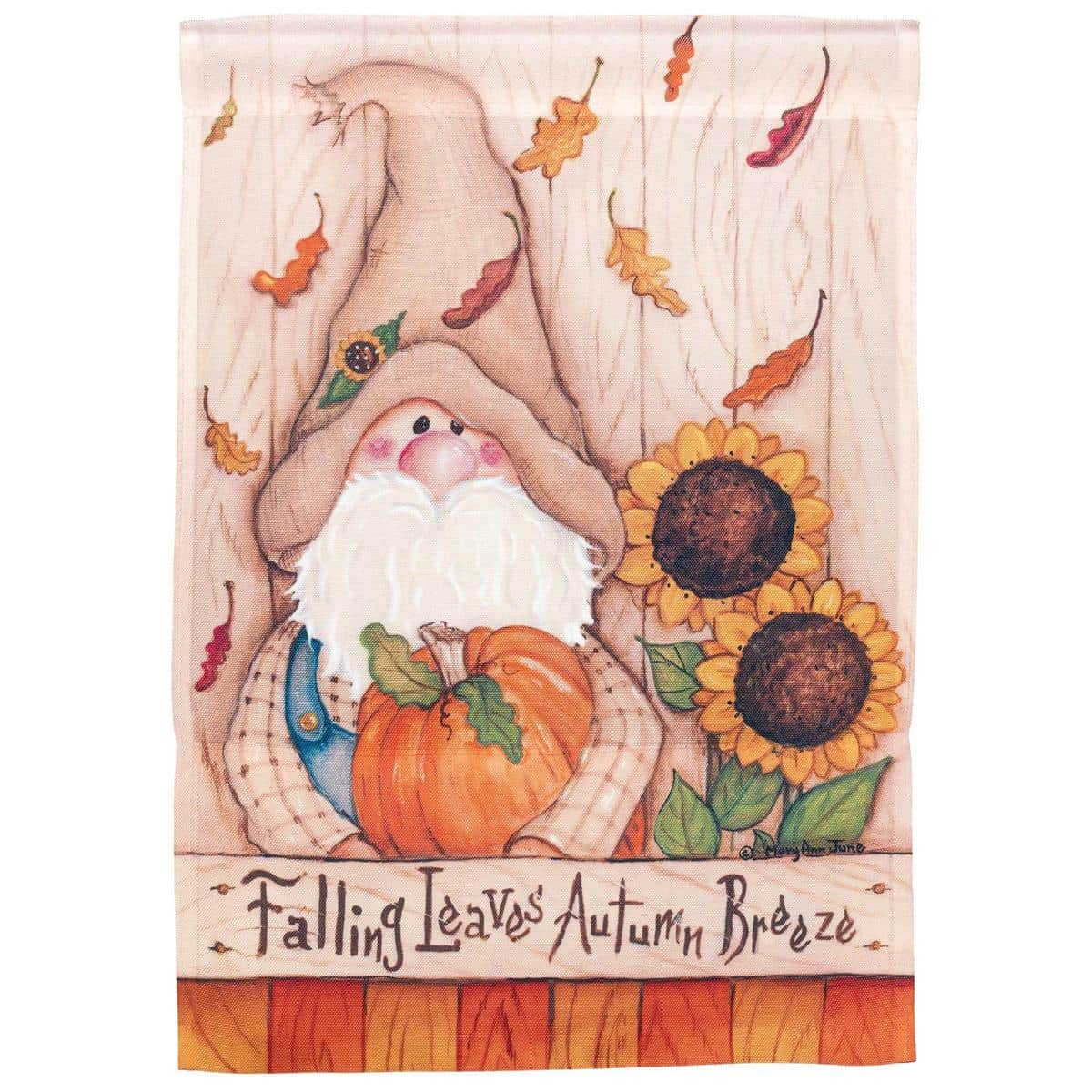 13x18 garden flag with a smiling gnome surrounded by falling autumn leaves in warm orange and brown tones, printed on durable polyester for porch or garden display