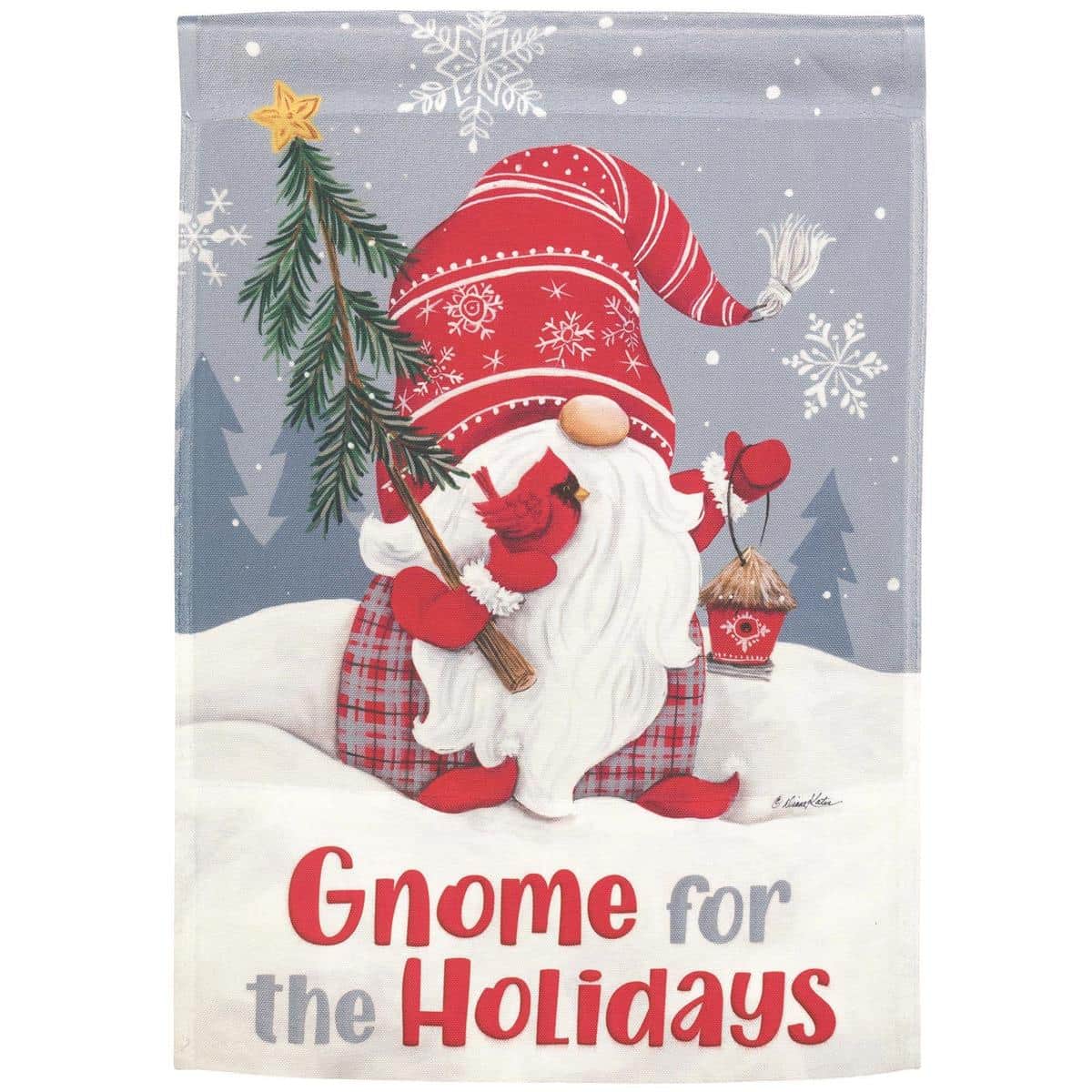 Large 30x44 Christmas house flag featuring a cheerful gnome and wintry accents, printed in vivid colors on outdoor polyester with a top sleeve for easy hanging