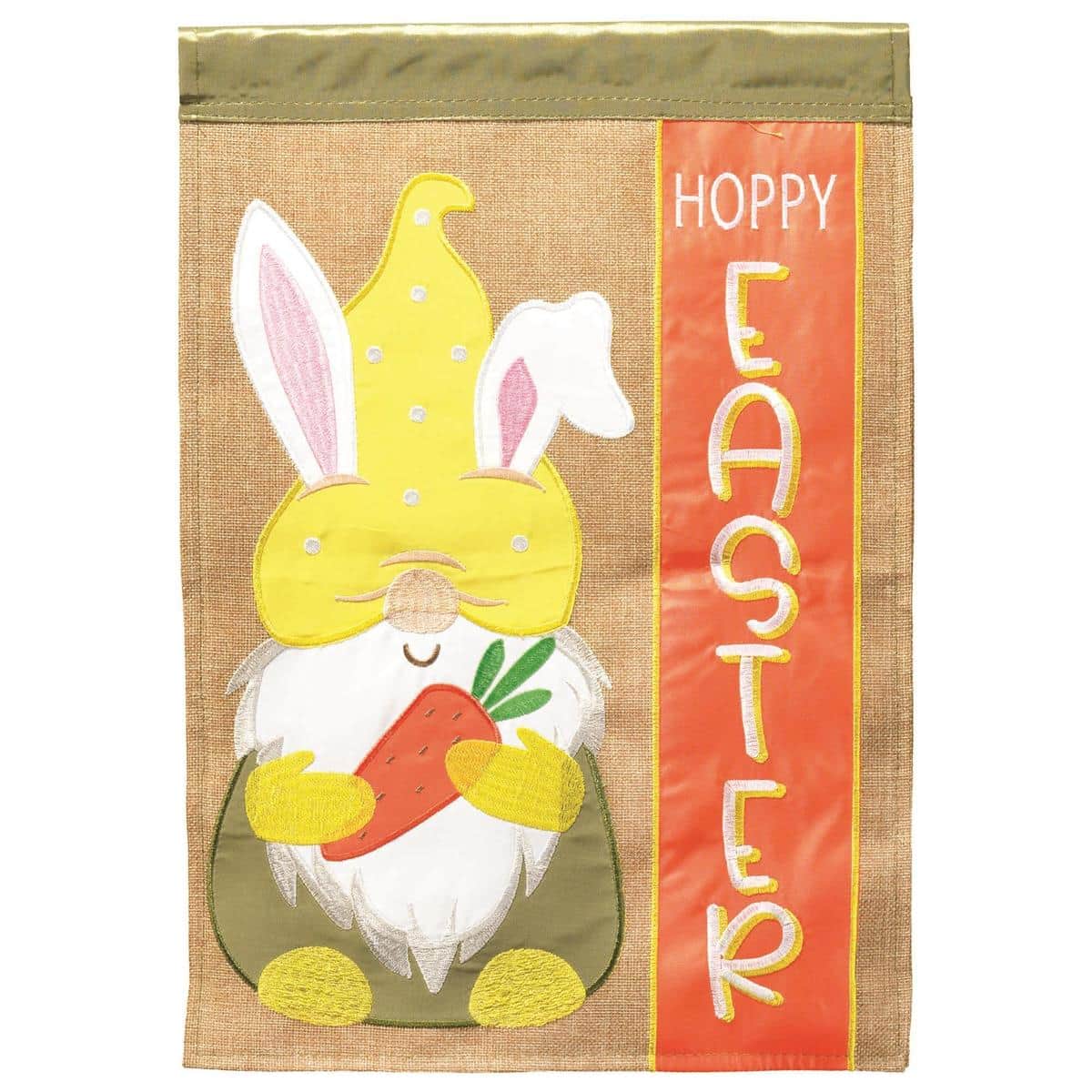 Gnome Hoppy Easter burlap banner flag 29x42 showing a smiling gnome in Easter hat, bunny ears, decorated eggs and spring flowers on a textured burlap background.