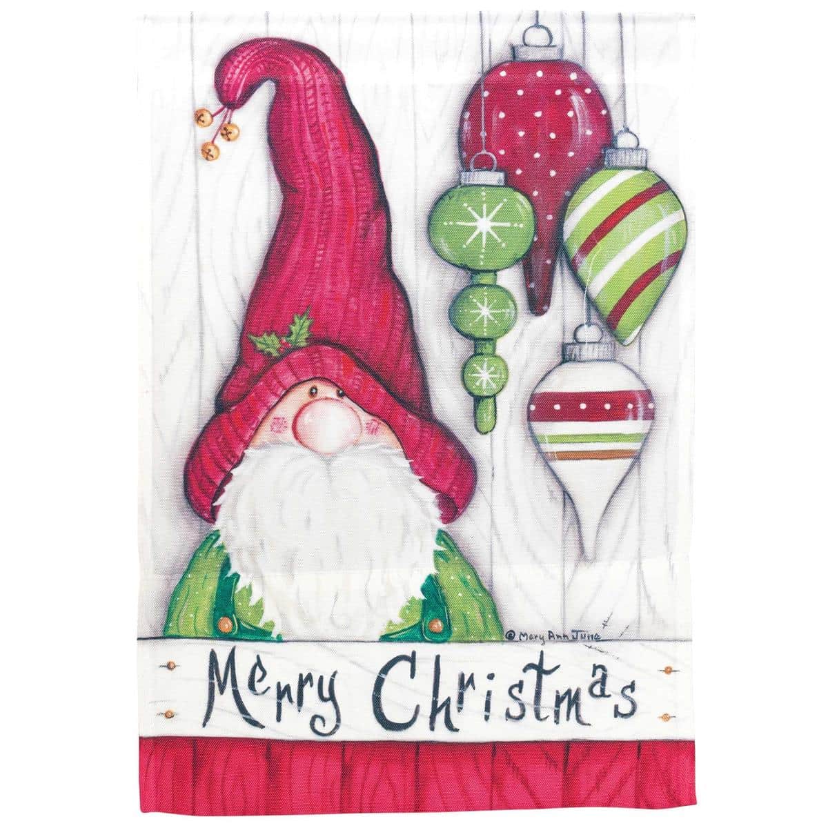 13x18 Merry Christmas garden flag featuring a cheerful gnome in a red hat with holly accents and bold Merry Christmas lettering, printed on weather resistant polyester fabric for outdoor display.