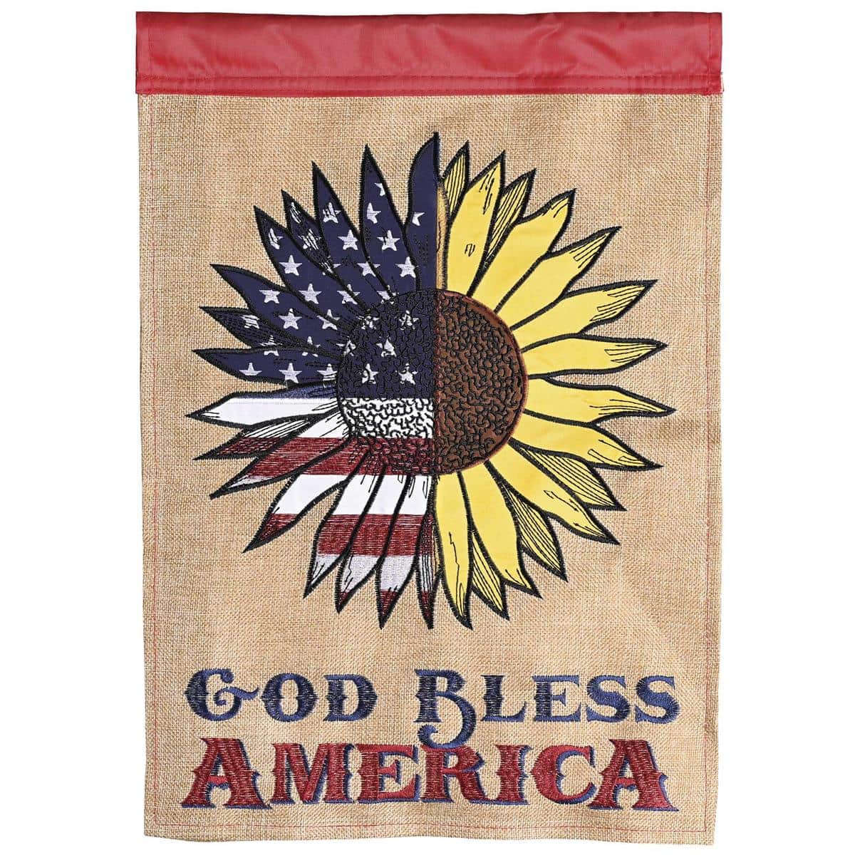13x18 burlap garden flag with God Bless America text, stars and stripes double applique patriotic motif, rustic burlap texture, shown on a garden flag stand.