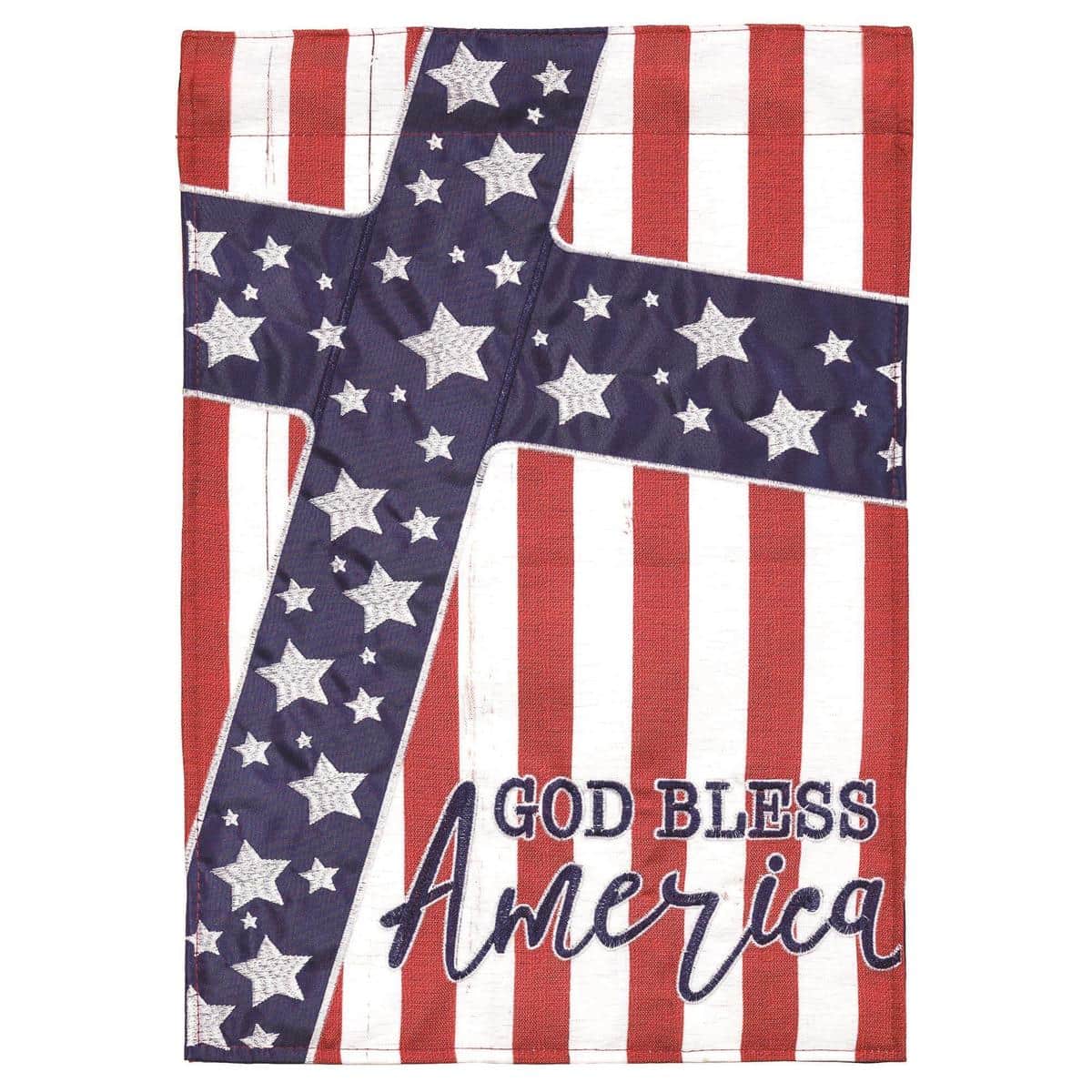 13x18 God Bless America Cross garden flag with double applique cross over American flag colors, detailed stitching visible, suitable for front yard poles, church displays, and memorial gardens.