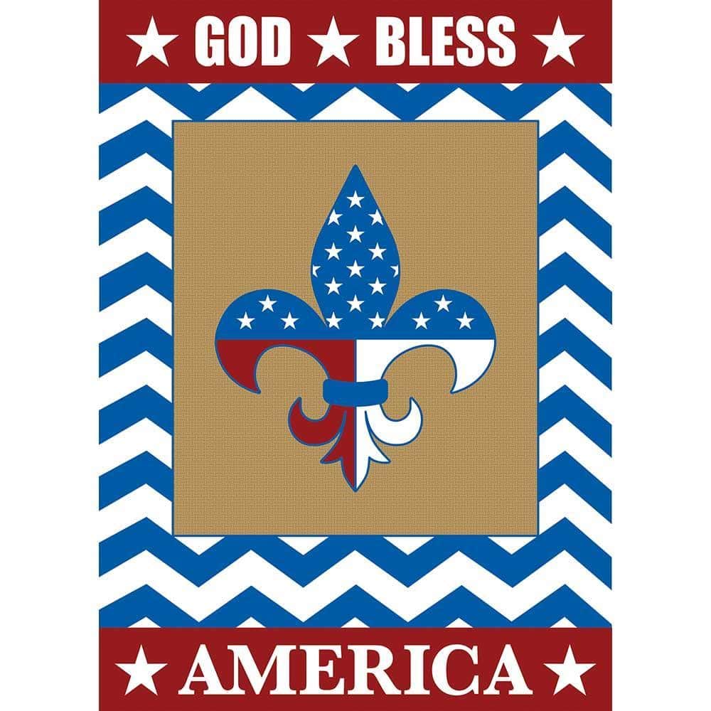 Patriotic 13x18 garden flag with God Bless America text and fleur-de-lis emblem in red, white, and blue, double applique stitching, displayed on a yard stand