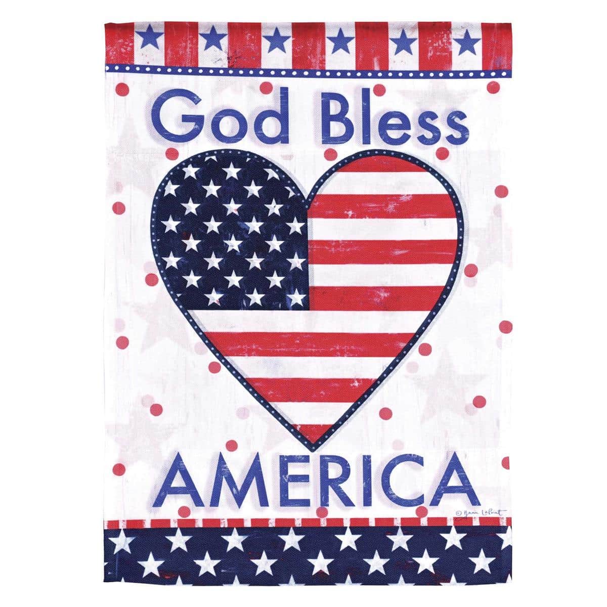 Alt text for the main product image (must be unique vs the meta description): Front view of God Bless America Heart 13x18 printed garden flag showing red heart, blue star accents, and bold script, displayed on a standard garden flag pole against a green lawn.