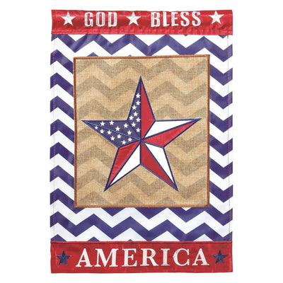 29x42 God Bless America Star Banner Flag with double applique stars and embroidered "God Bless America" lettering in red white and blue, shown on a porch pole
