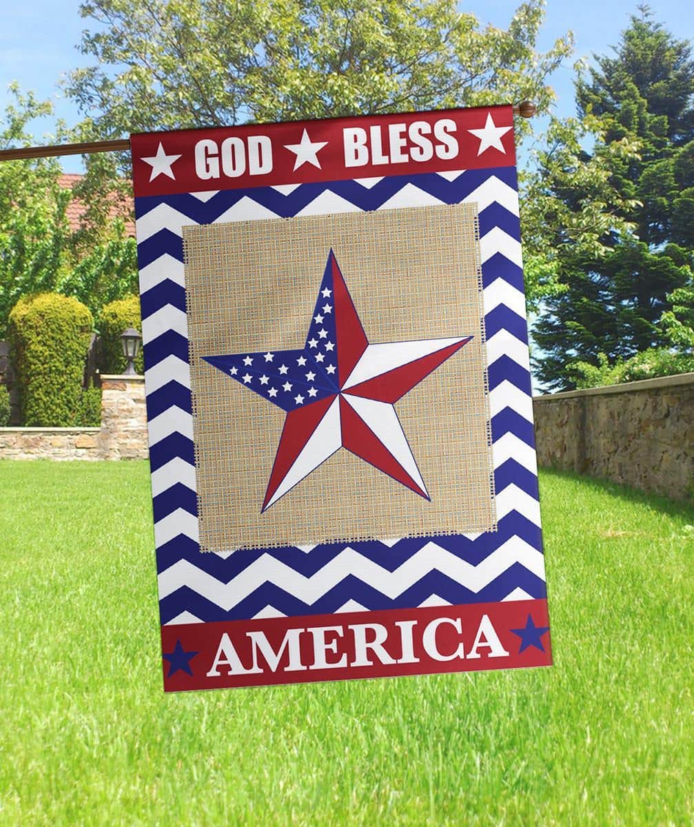 29x42 God Bless America Star Banner Flag with double applique stars and embroidered "God Bless America" lettering in red white and blue, shown on a porch pole