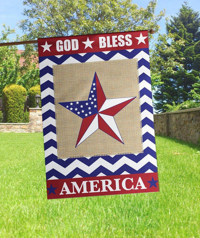 29x42 God Bless America Star Banner Flag with double applique stars and embroidered "God Bless America" lettering in red white and blue, shown on a porch pole