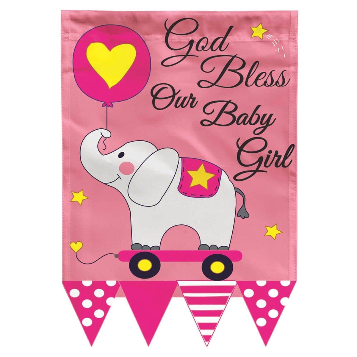 13x18 garden flag reading "God Bless Our Baby Girl" with double applique layered fabric accents and soft decorative motifs, shown on a small yard stand.