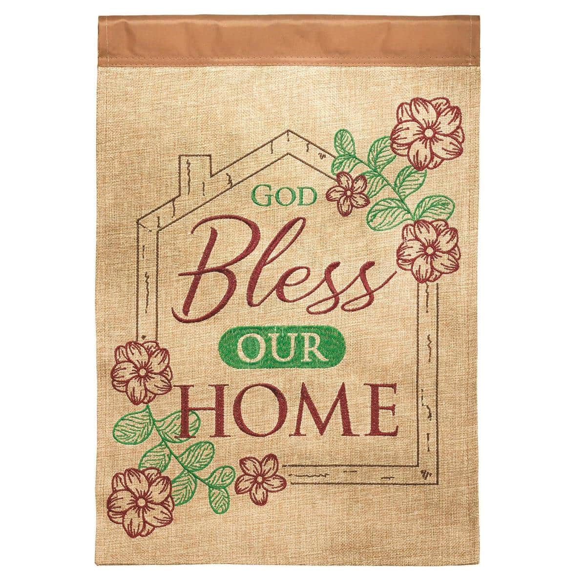 13x18 God Bless Our Home burlap garden flag with double applique lettering, natural burlap texture, and reinforced sleeve displayed on a small black metal garden flag stand on a porch.