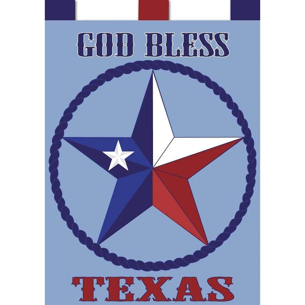 Double applique God Bless Texas 29x42 banner flag image showing Lone Star and "God Bless Texas" lettering in red, white, and blue on durable polyester with pole sleeve, displayed on a front porch.