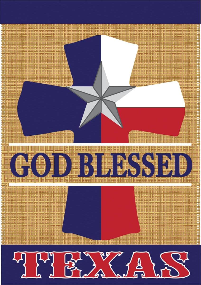 Outdoor house banner featuring the phrase God Blessed Texas on burlap with double applique craft, 29 x 42 inches, readable on both sides, rustic Texas style.