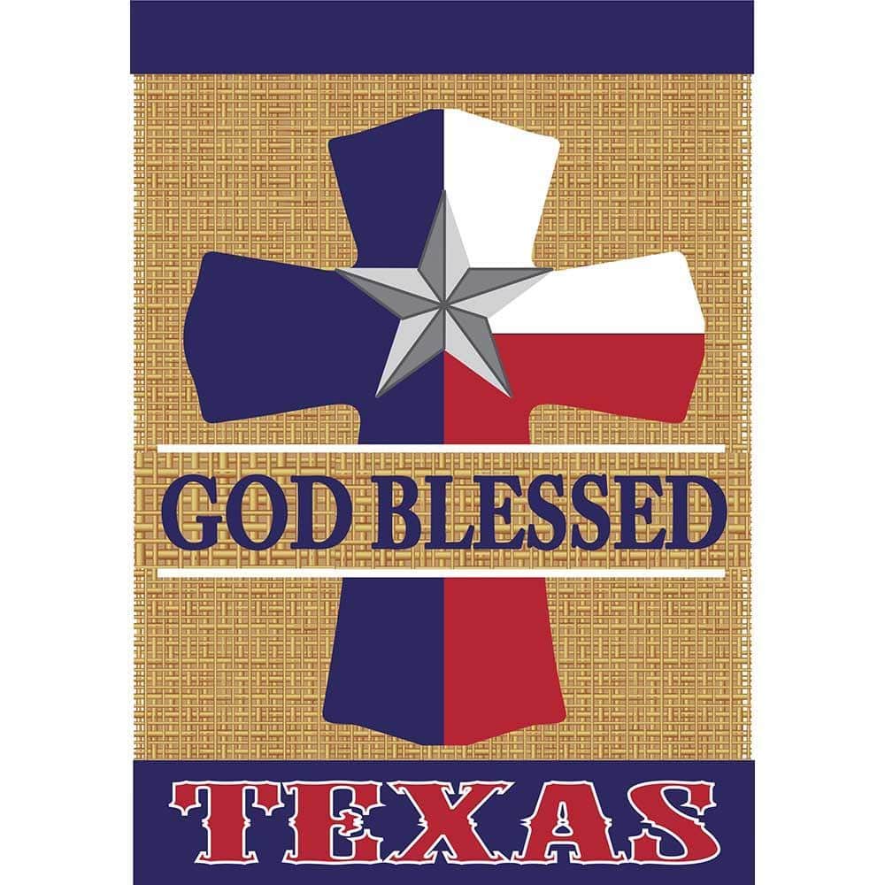 13x18 God Blessed Texas garden flag featuring double applique on burlap-style fabric with bold "God Blessed Texas" lettering and decorative accents, ideal for porch or yard display