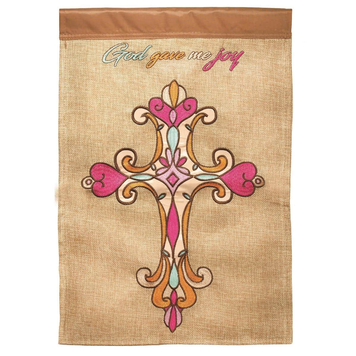 13x18 God Gave Me Joy burlap garden flag closeup showing textured burlap background, layered double applique lettering, and reinforced stitching for porch or garden display