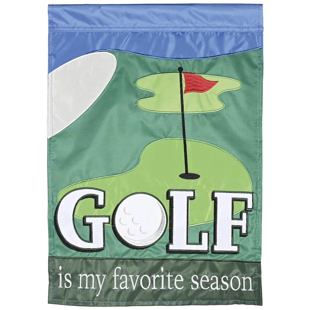 Decorative outdoor flag reading "Golf Is My Favorite Season" with layered applique golf ball and green motifs, stitched lettering and sewn pole sleeve displayed on a porch pole.