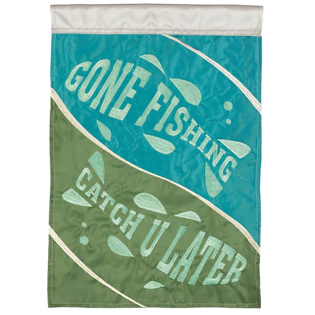 Waterfront Gone Fishing garden flag 13x18 double applique showing a small fishing boat on a calm lake with jumping fish and reeds at the shore.