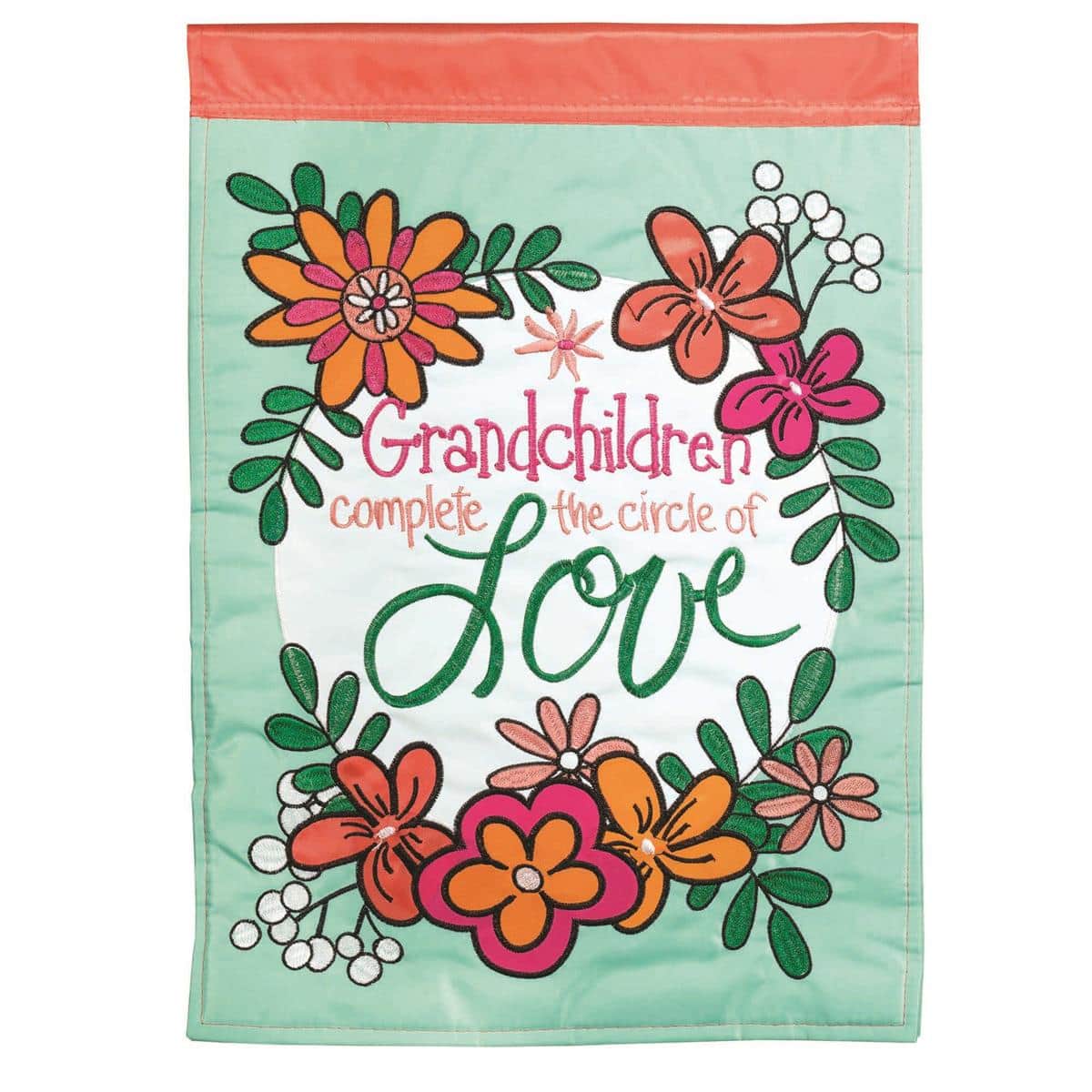 13x18 Grandchildren garden flag double applique with colorful floral design and Grandchildren text on durable outdoor fabric shown on a garden stand