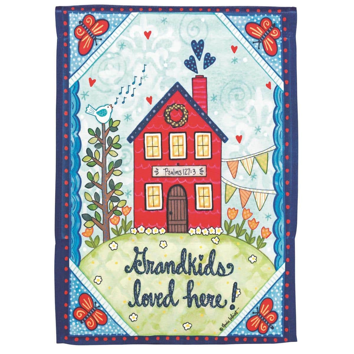 13x18 Grandkids Loved Here garden flag with colorful floral print and welcoming message shown on a yard stake near a porch planter