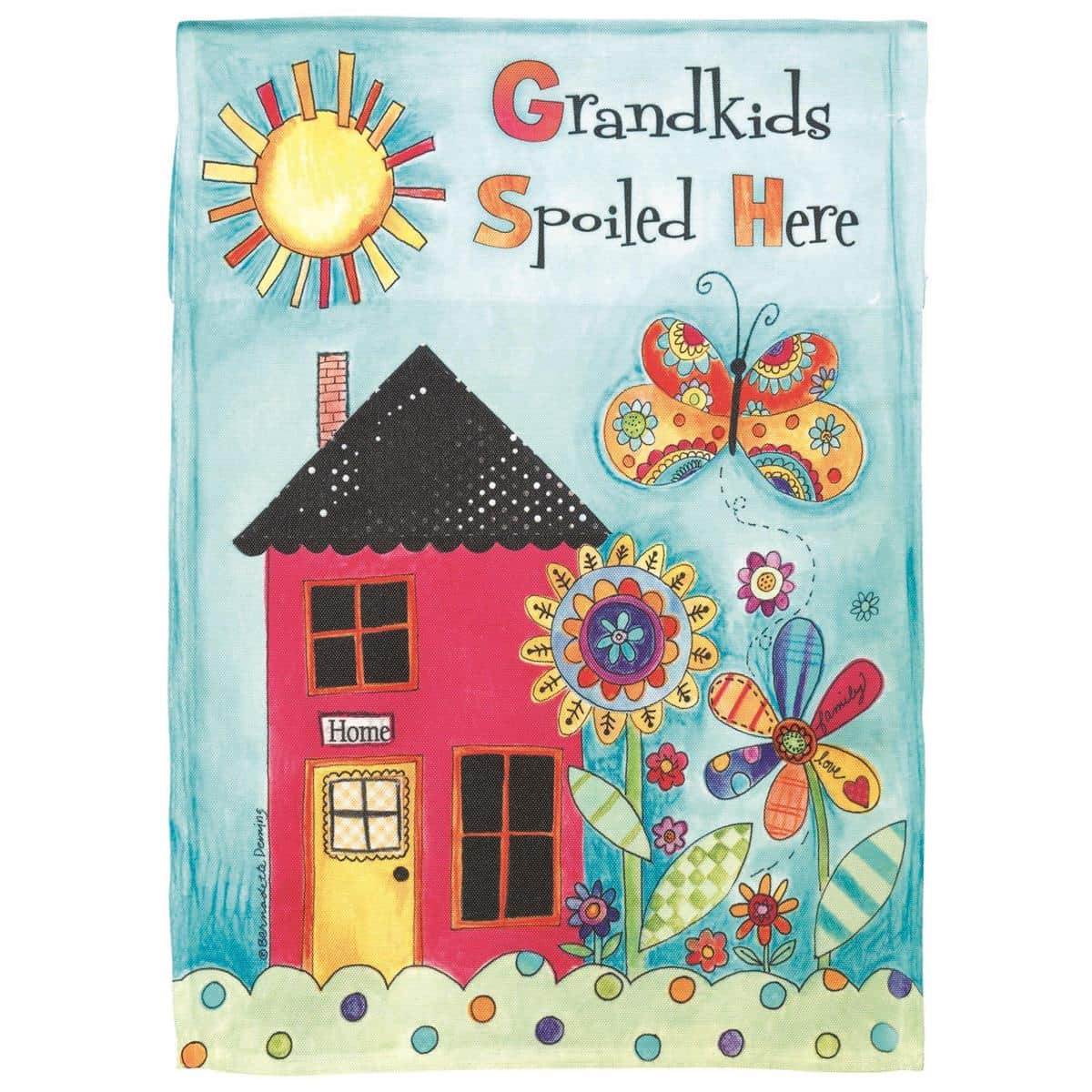 13x18 Grandkids Spoiled Here garden flag showing colorful butterflies and flowers with playful "Grandkids Spoiled Here" lettering printed on weather-friendly polyester fabric displayed on a black metal garden stand.