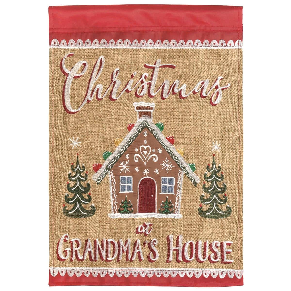 Double applique 13x18 garden flag titled Grandmas Gingerbread House, featuring a candy trimmed gingerbread cottage, snow accents, and two sided holiday graphics.
