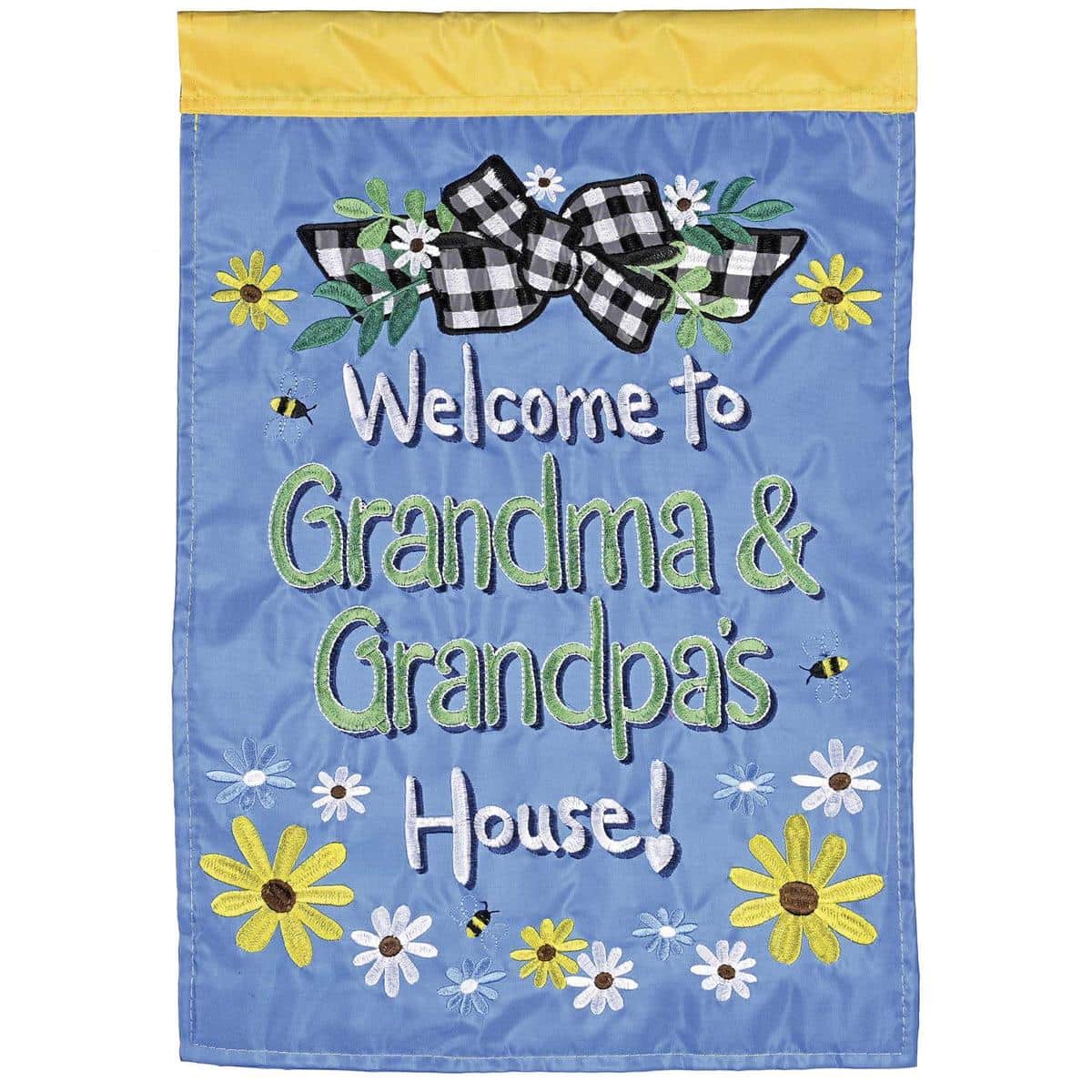 Double applique Welcome To Grandma/Grandpa flag with layered stitching, two sided readable text, cozy lifestyle colors, and a reinforced top sleeve for poles