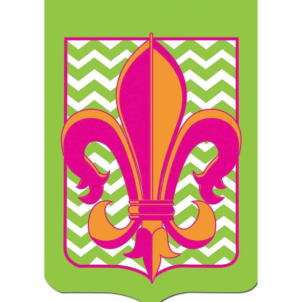 Double applique Green Chevron Fleur de Lis 13x18 garden flag on stand, rich embroidery, dual-sided emblem, green chevron pattern, weatherproof polyester sleeve.