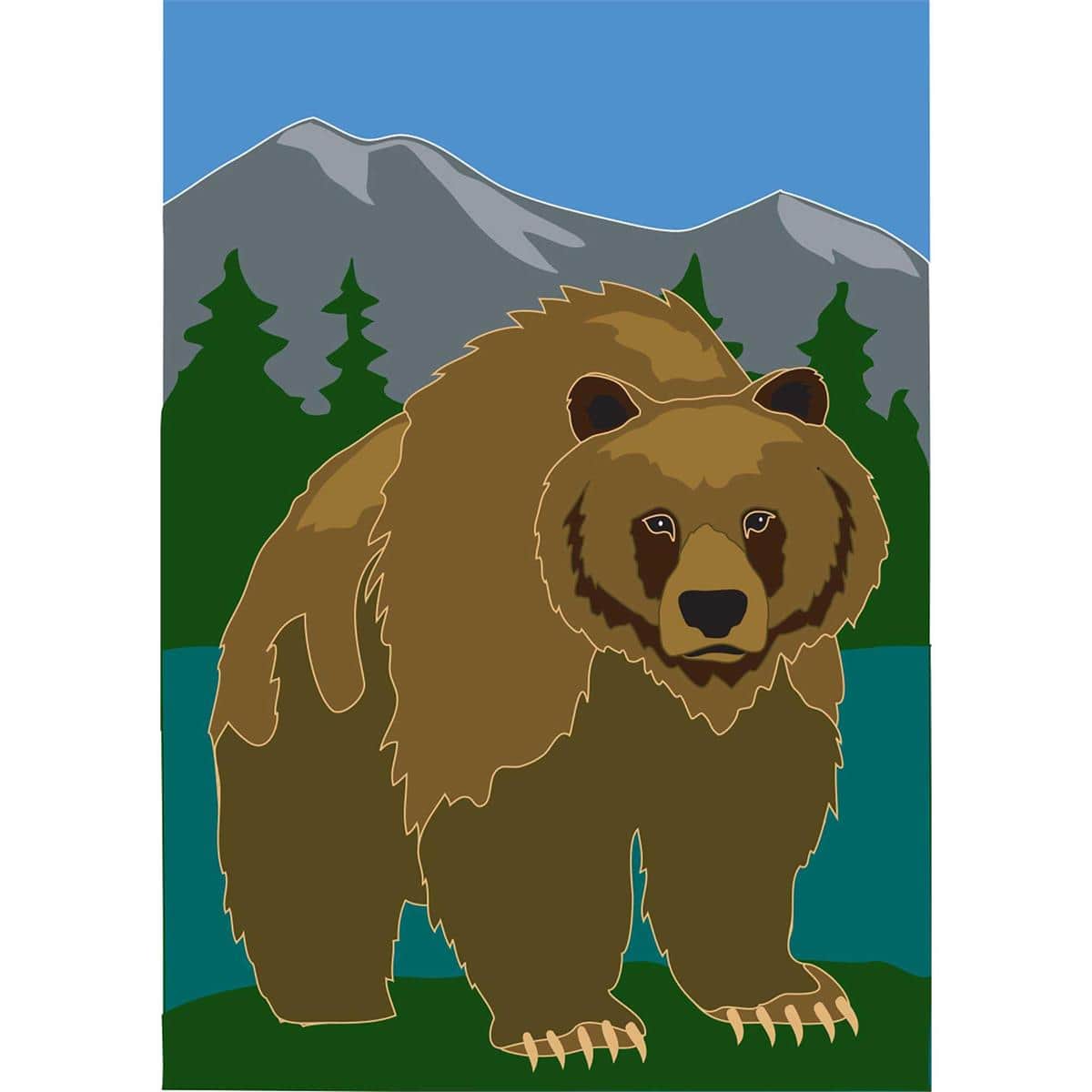 29x42 inch Grizzly Bear double applique banner flag displayed on a porch pole showing layered fabric bear motif with rustic background suitable for cabin or outdoor decor.