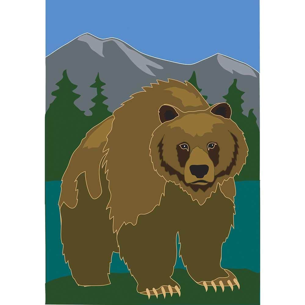 Double applique grizzly bear flag with dimensional fabric layers and reinforced header, designed for outdoor garden or house display in rustic wildlife style