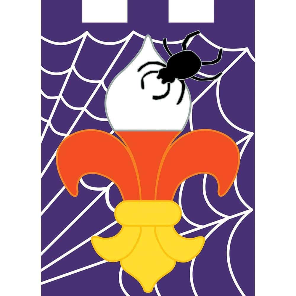 Halloween banner flag featuring black and orange fleur-de-lis with applique spider, 29 x 42 inches, double sided outdoor house flag on a porch pole