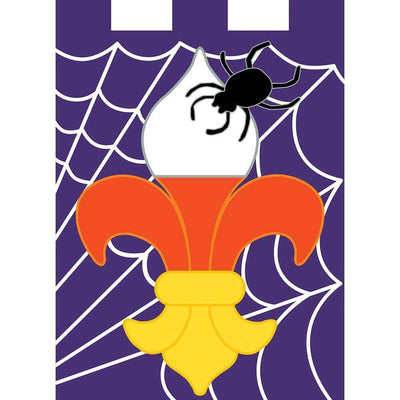 Halloween banner flag featuring black and orange fleur-de-lis with applique spider, 29 x 42 inches, double sided outdoor house flag on a porch pole