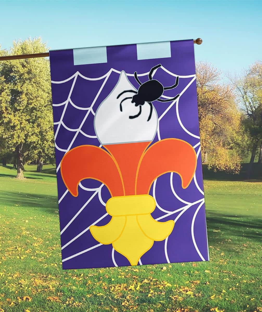 Halloween banner flag featuring black and orange fleur-de-lis with applique spider, 29 x 42 inches, double sided outdoor house flag on a porch pole