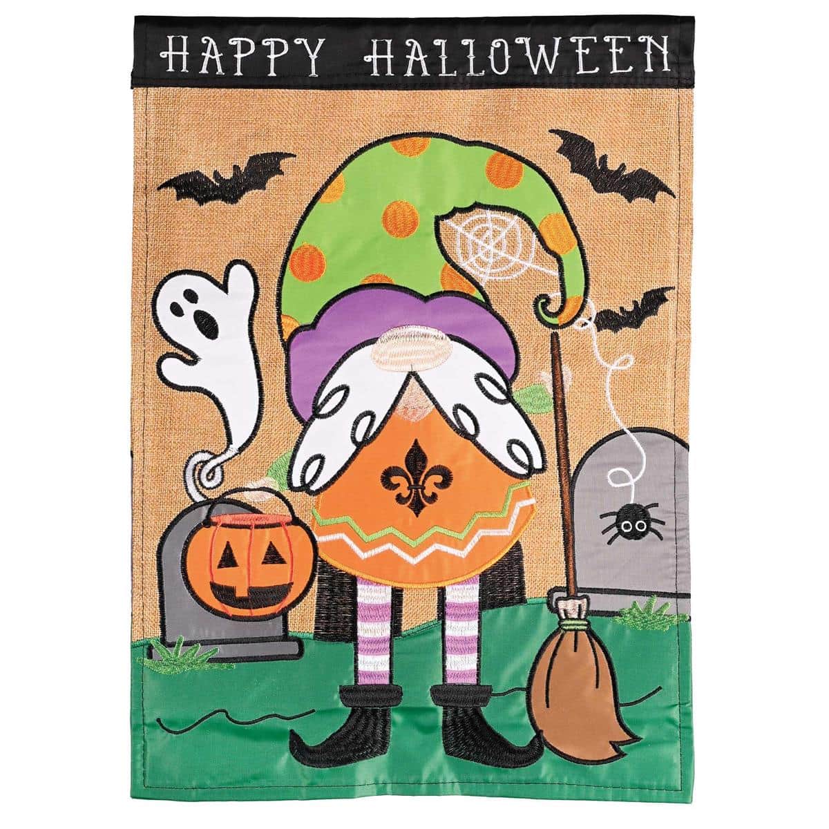 13x18 Halloween garden flag featuring a cheerful gnome in a pointed hat holding a pumpkin, layered double applique details, bats and autumn leaves for family friendly seasonal outdoor display.
