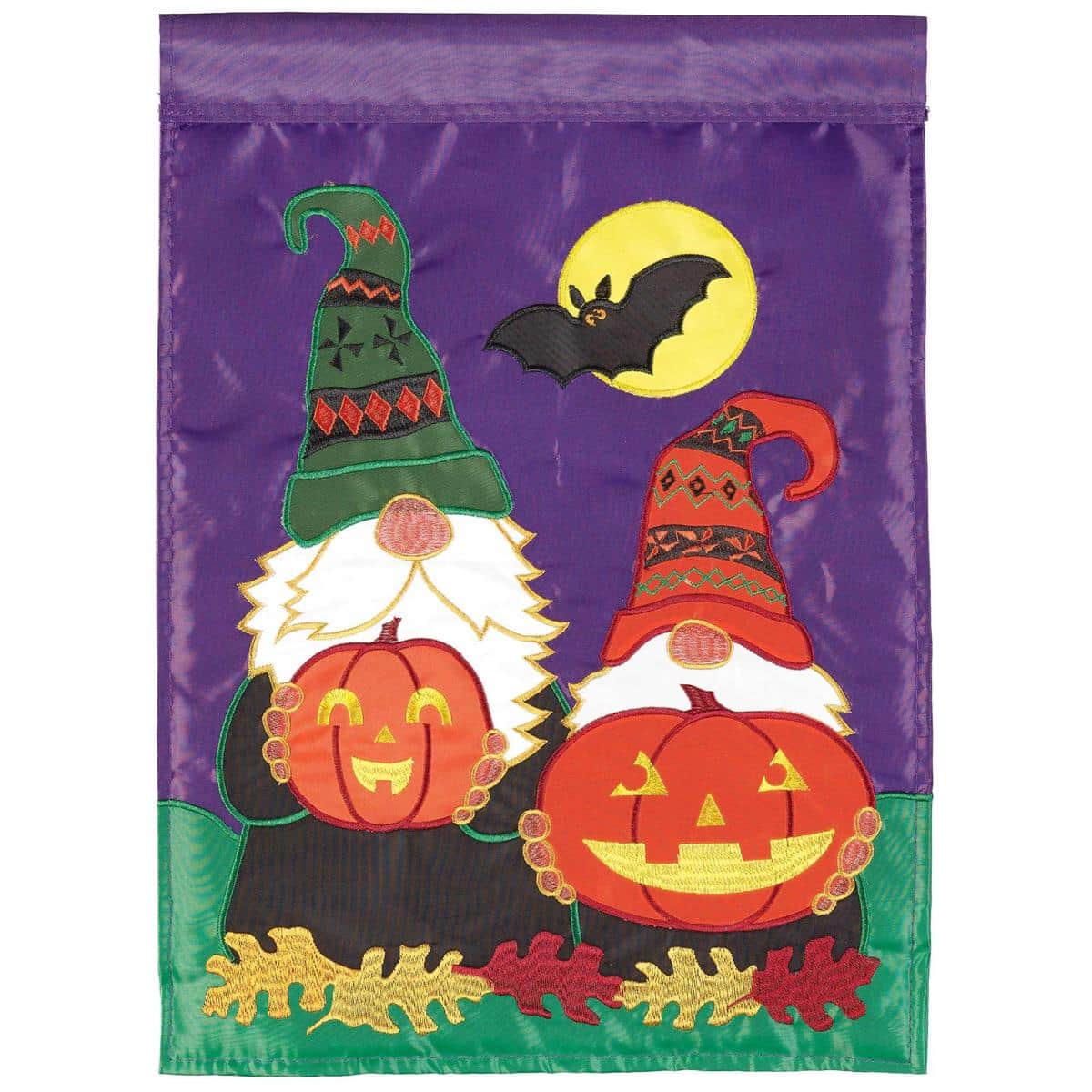 Alt text for the main product image: 13x18 Halloween garden flag with two applique gnomes wearing jack-o-lantern hats, layered fabric details, stitched accents, and bold orange and black fall colors.