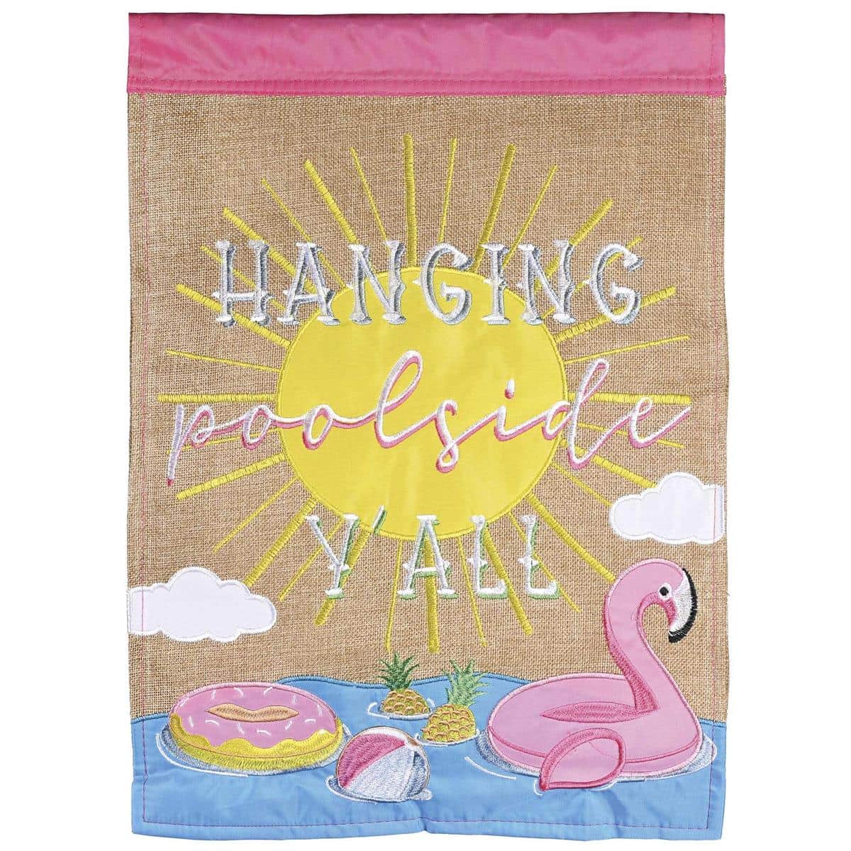 Hanging Poolside Yall Burlap Garden Flag 13x18 displayed beside a pool on a small garden pole showing textured burlap, layered applique "Yall" script and waterfront accents.