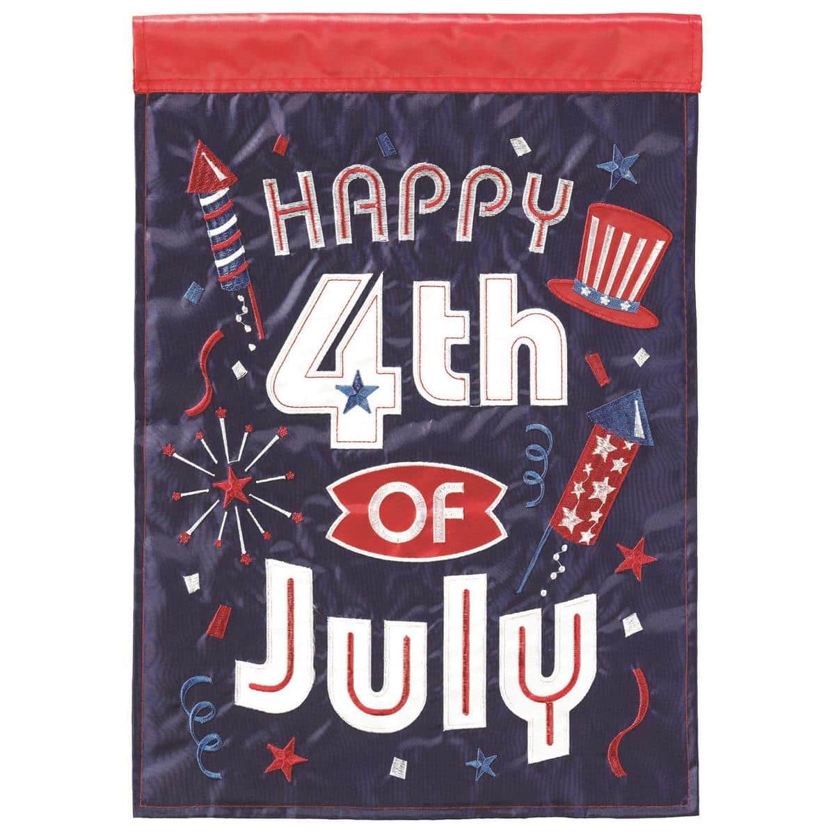 Bright 13x18 Happy 4th Of July garden flag with layered double applique fireworks burst, embroidered stars, stripes accents and reinforced sleeve shown on a metal garden flag stand in a front yard.